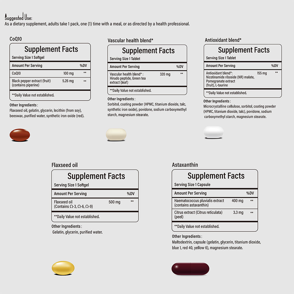 Supplement Facts - CoQ10 Vascular Health Antioxidant Flaxseed Astaxanthin
